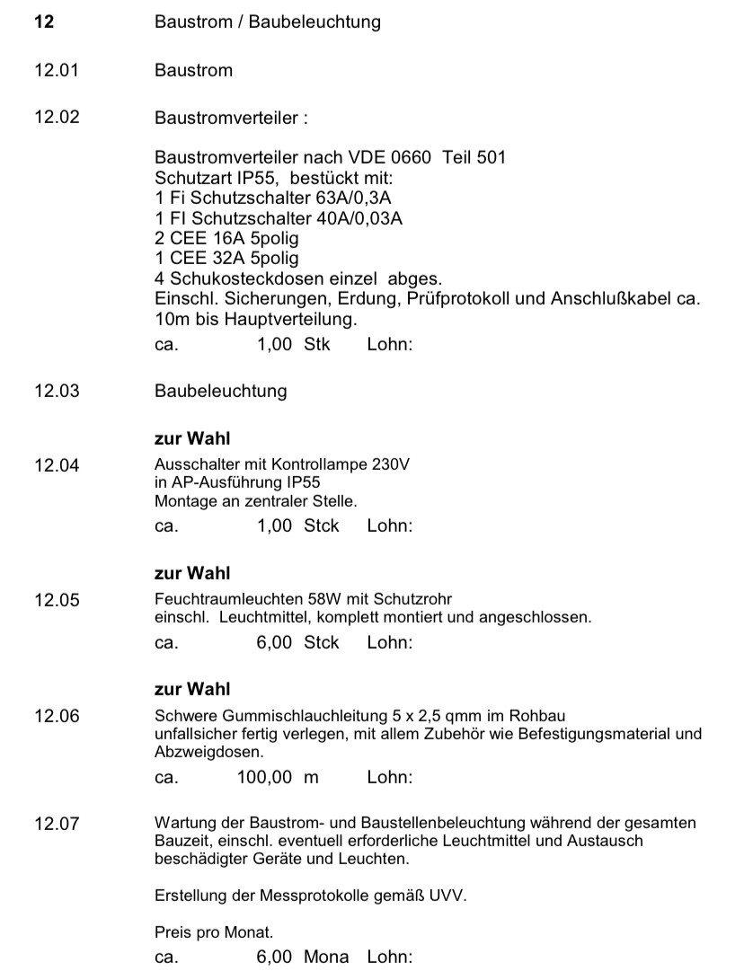 Seitenabschnitt Baustrom / Baubeleuchtung mit Verteiler- und Leuchtenliste.