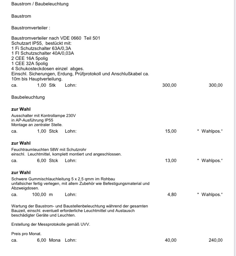 Dokumentenseite mit Preisen und Optionen zu Baustromverteilern, Beleuchtung und Montage.