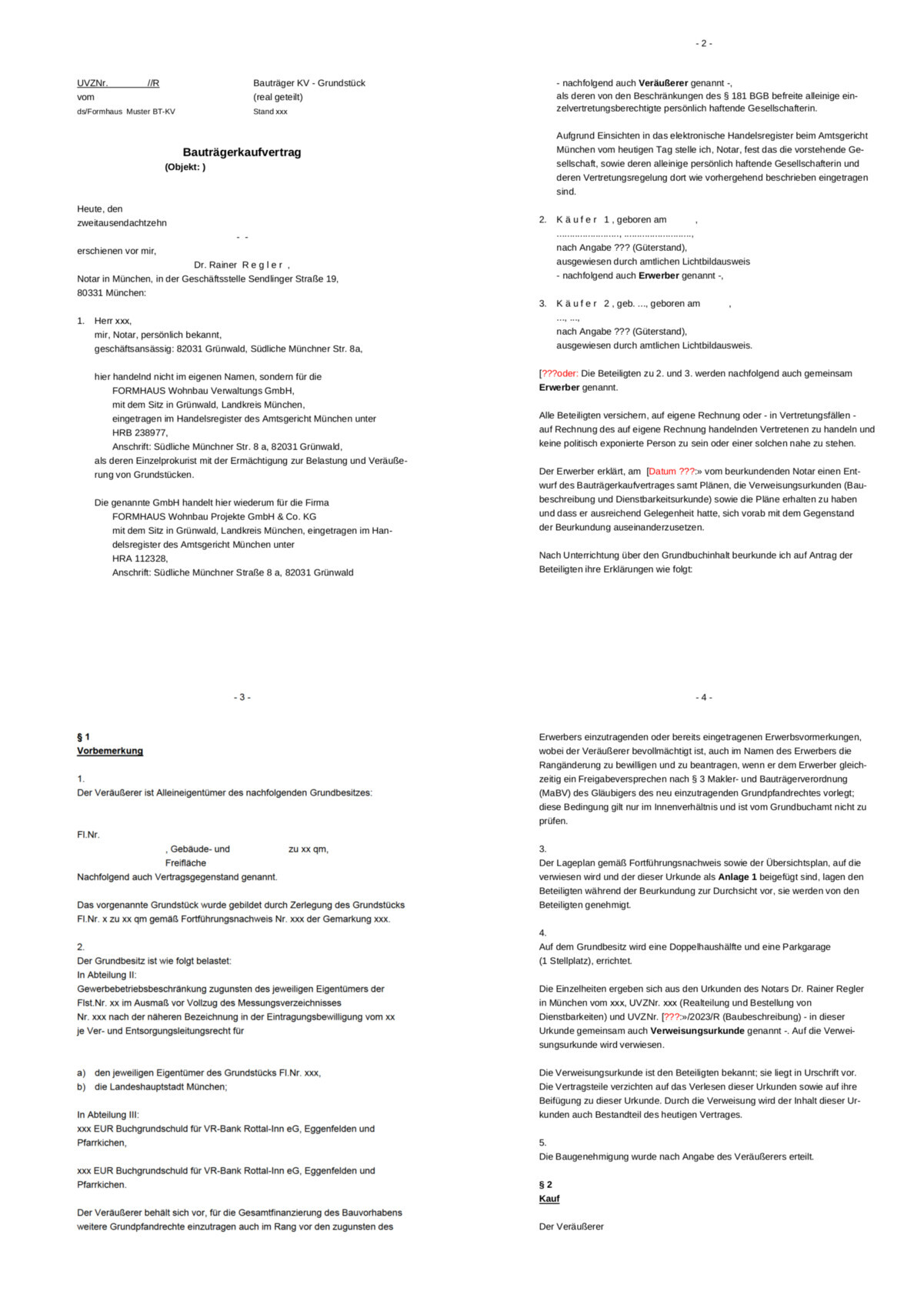 Mehrseitiger Bauträgerkaufvertrag, Seiten 2–4, mit Notar- und Vertragsangaben.