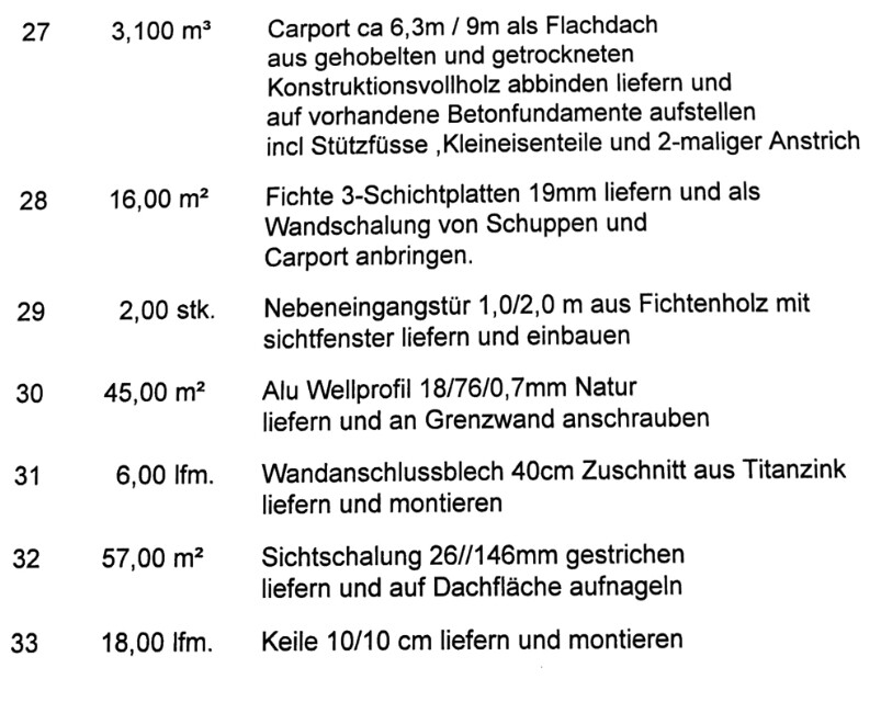 Seitennotiz mit Bauanweisungen zum Carport aus Konstruktionsvollholz, Flachdach und Fundamenten