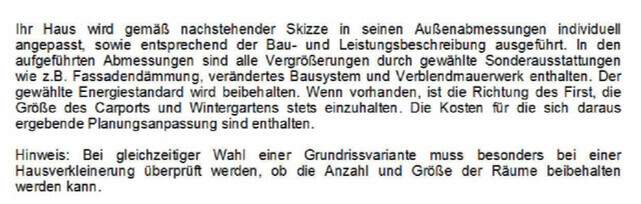 Textseite mit Bauunterlagen zur Grundrissplanung und Hausbau, Skizzenbeschreibung