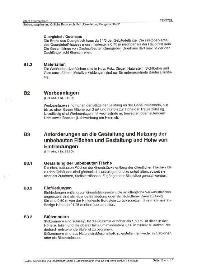 Seite aus Bebauungsplan: Abschnitte zu Quergiebel, Materialien und Werbeanlagen.