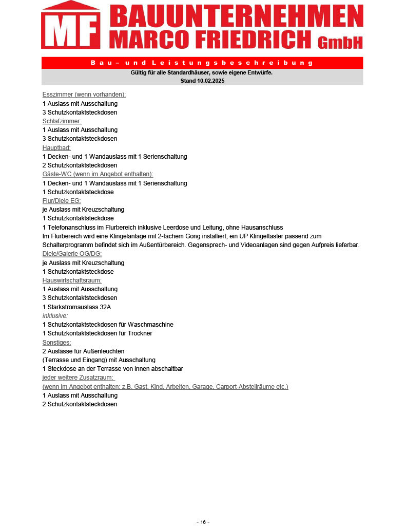 Seiten eines Textdokuments der Baufirma Marco Friedrich mit Leistungsbeschreibung