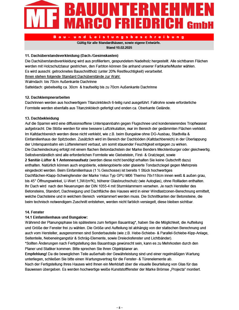 Seite einer Bauleistungsbeschreibung mit Textabschnitten zur Dachverkleidung