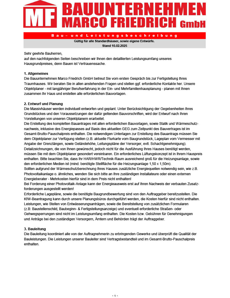 Dokument eines Bauunternehmens Marco Friedrich GmbH mit Leistungsbeschreibung