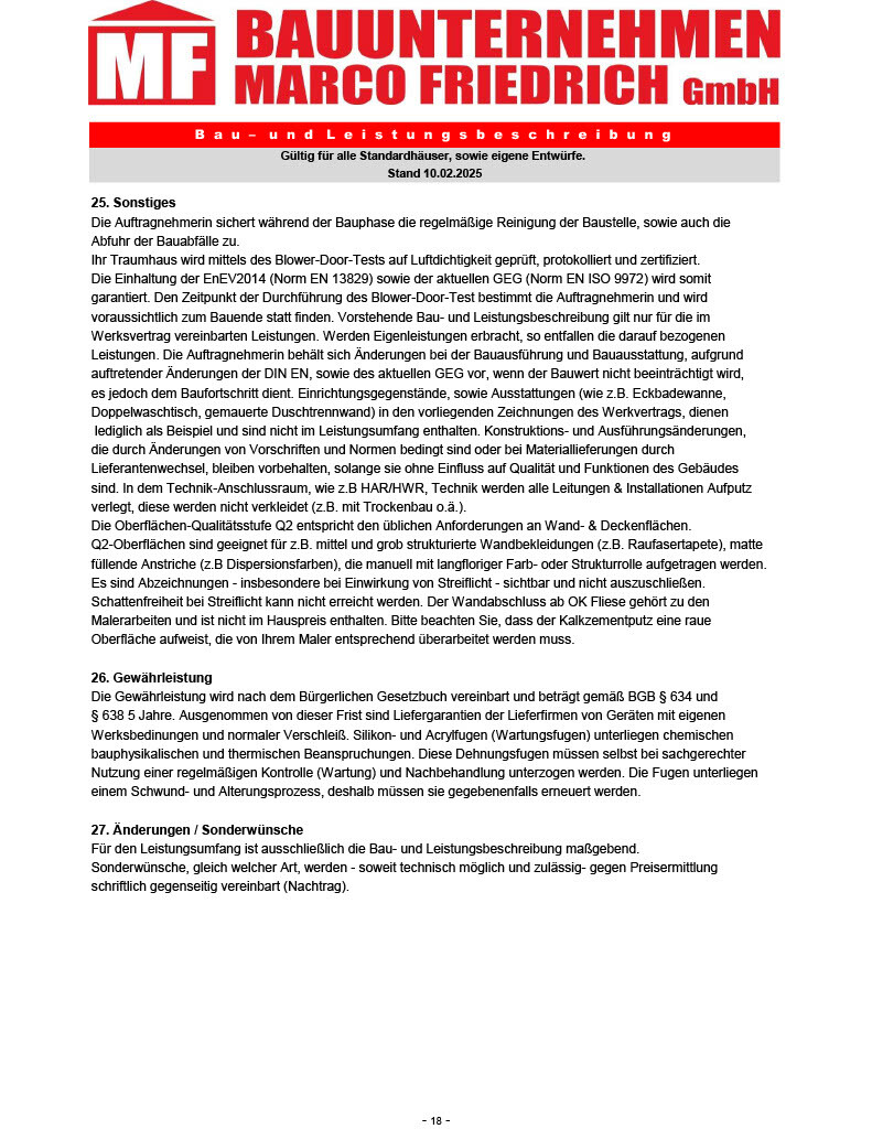 Dokument eines Bauunternehmens mit Leistungsbeschreibung und Textabschnitten.