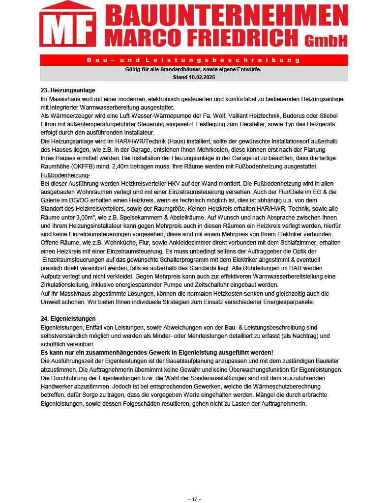 Dokumentenseite des Bauunternehmens Marco Friedrich mit Heizungsanlage und Eigenleistungen
