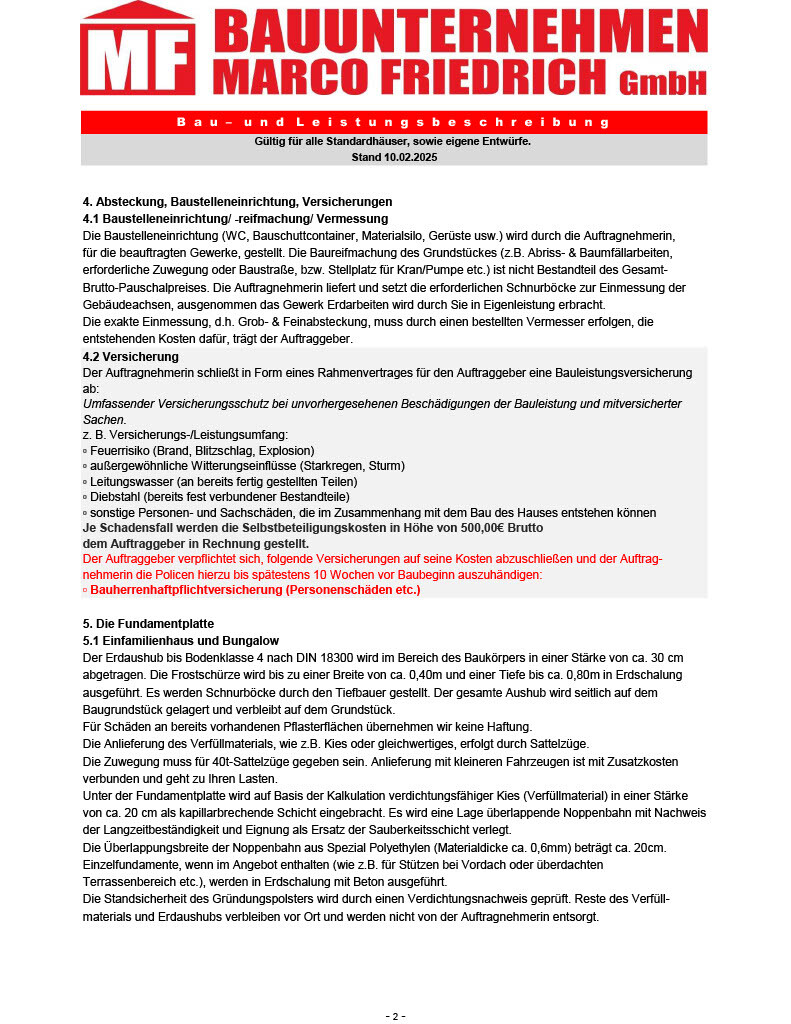 Deckblatt der Bau- und Leistungsbeschreibung der Firma Marco Friedrich GmbH, rotes Logo sichtbar
