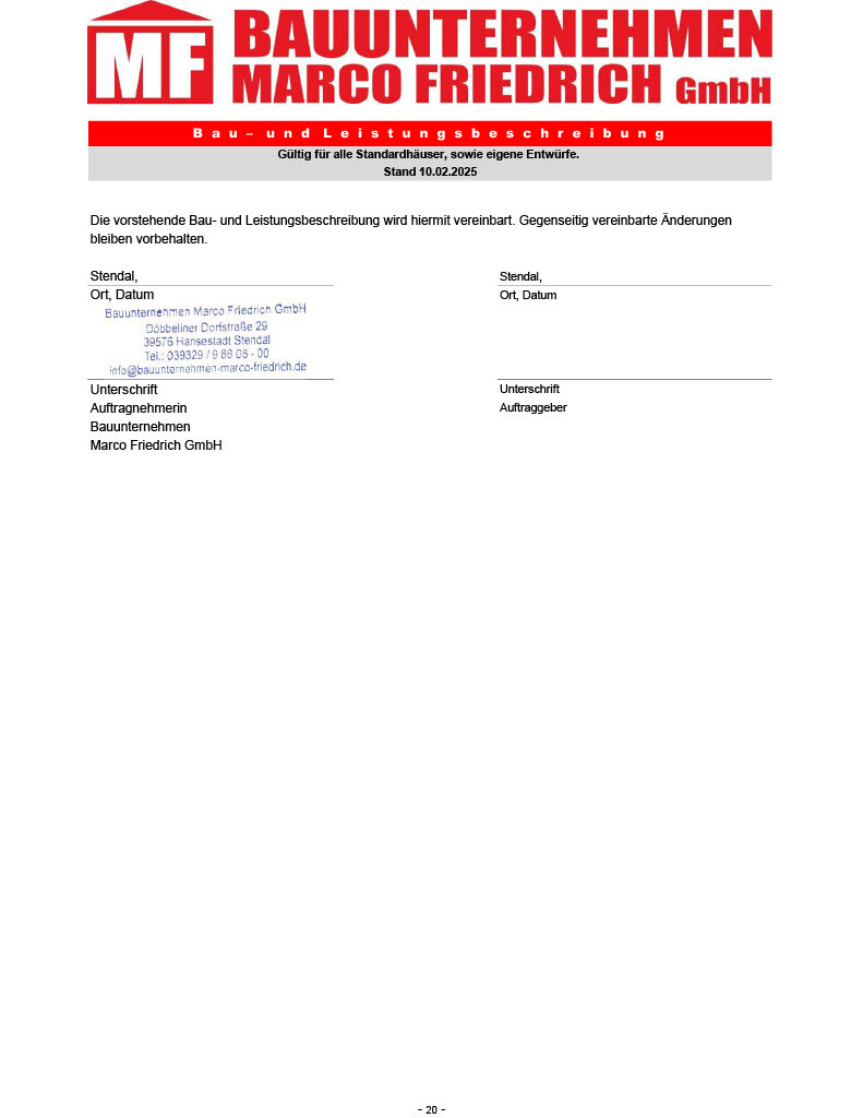 Firmenlogo Bauunternehmen Marco Friedrich GmbH mit Unterschriftsfeldern