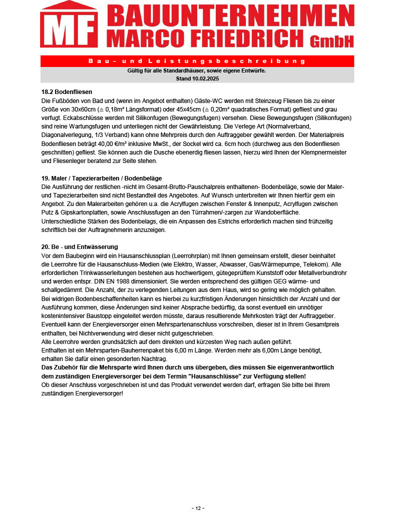 Prospektseite eines Bauunternehmens mit Text zu Bodenbelägen, Malerarbeiten und Haustechnik