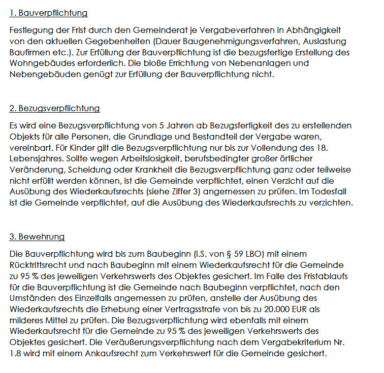 Dokument mit drei Abschnitten zu Bauverpflichtung, Bezugsverpflichtung und Bewehrung.