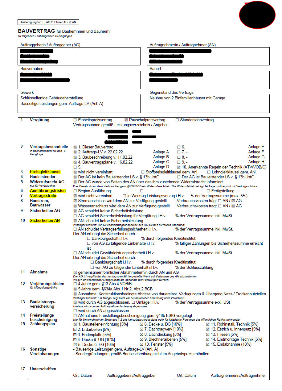 Bauvertrag-Formular mit Vertragsposten und Unterschriftsfeldern