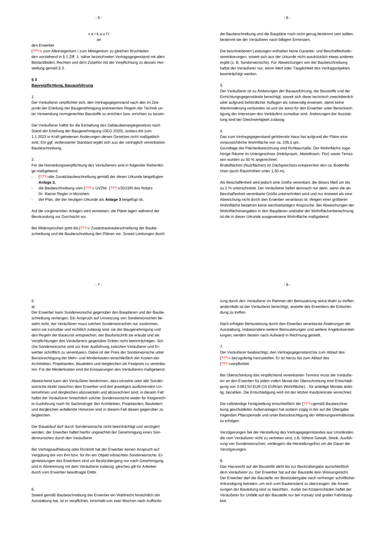 Vierseitiges Rechtsdokument zu Bauverpflichtung und Bauausführung, Seiten 5–8.