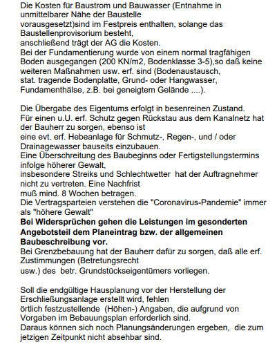 Vertragstext zu Baukosten, Baufristen und baurechtlichen Hinweisen.
