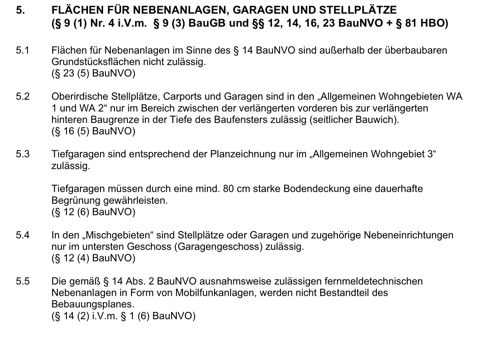 Seite mit Abschnitt 5: Flächen für Nebenanlagen, Garagen und Stellplätze (5.1–5.5).