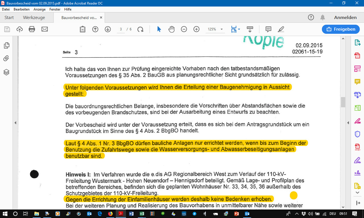 Seite 3 eines Bauvorbescheids mit gelb markierten Textstellen zur Baugenehmigung.