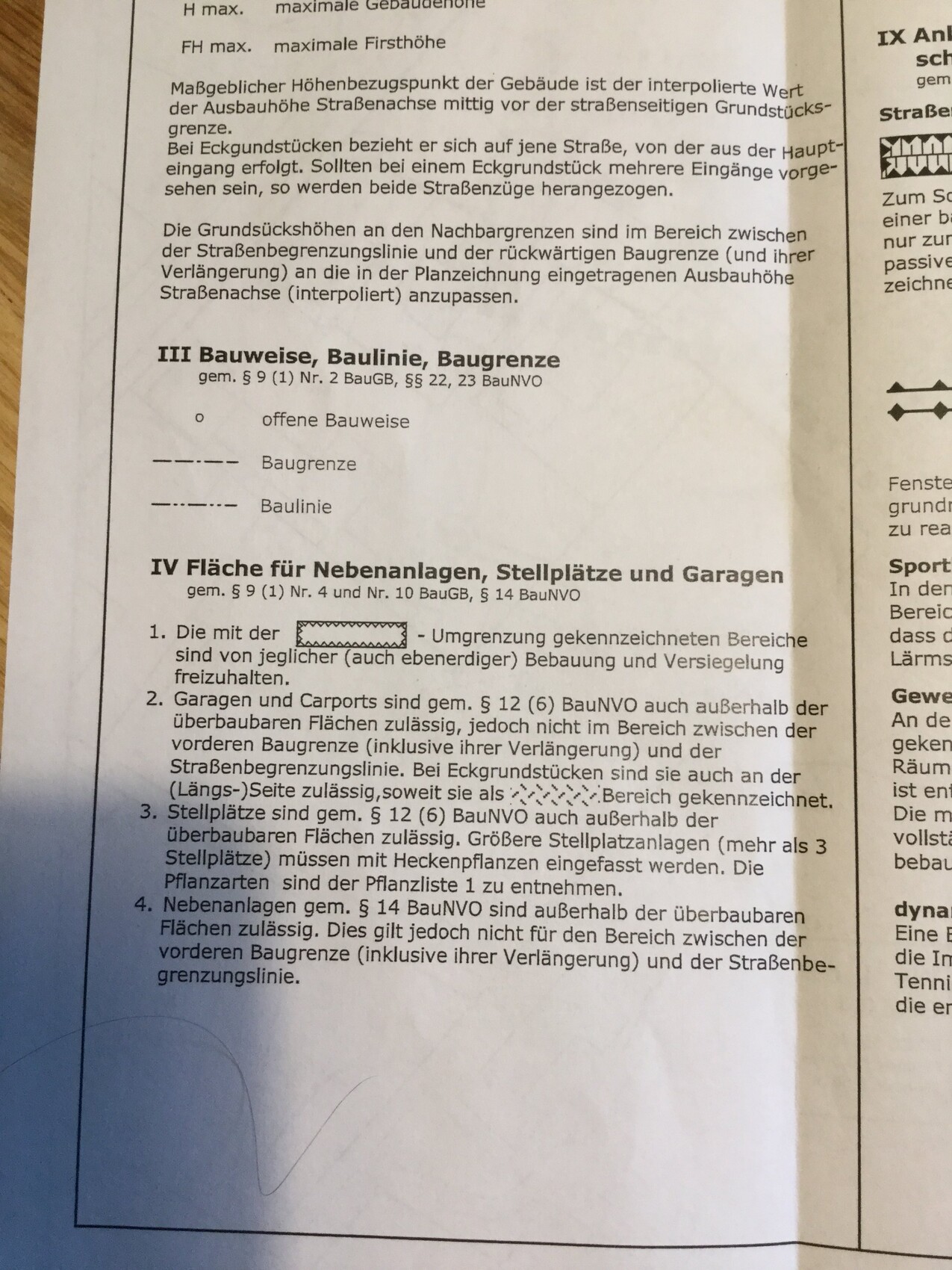 Seite eines Bauvorschriften Dokuments mit Bauweise Baulinie Baugrenze
