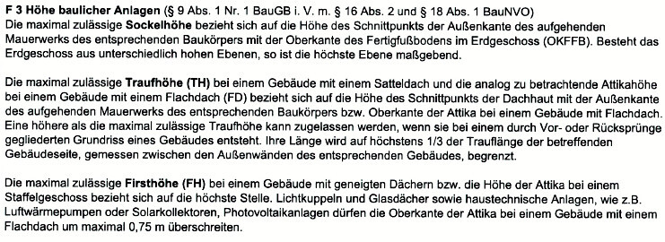 Texttafel mit Bauvorschriften zu Traufhoehe, Firsthoehe und Dachhoehe