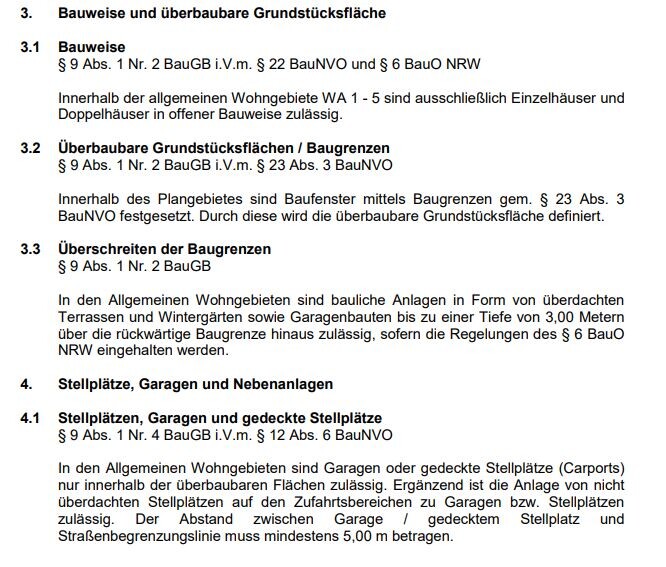 Seitenkopie eines Gesetzesdokuments mit Bauweise, Baugrenzen und Stellplätzen