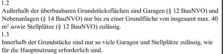 Dokument mit Baurecht- und Grundstücksflächenregelungen in deutscher Sprache, reiner Text
