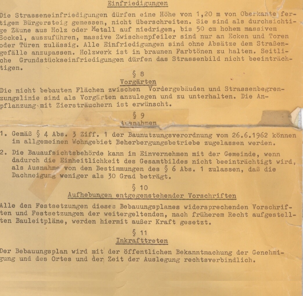 Historisches Dokument zu Vorgärten und Einfriedigungen mit Paragraphen