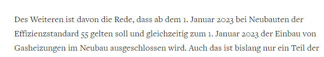 Text zu Neubau-Regelungen ab 1. Januar 2023: Effizienzstandard 55, Verbot von Gasheizungen.