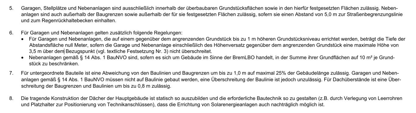 Textseite mit Bauvorschriften zu Garagen, Stellplätzen und Grundstücksgrenzen.