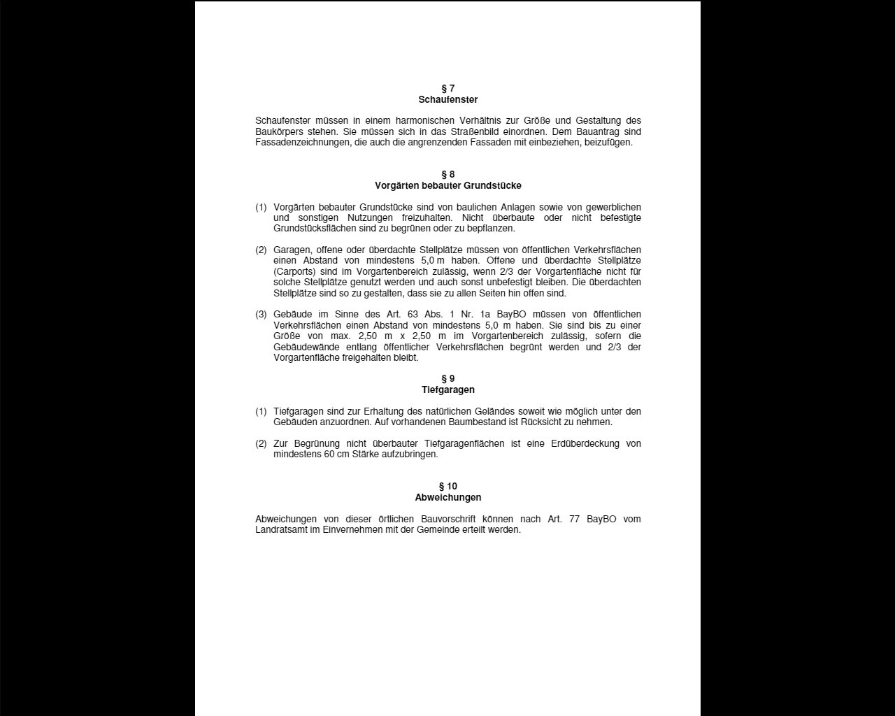 Seite mit Paragraphen §7 Schaufenster, §8 Vorgärten, §9 Tiefgaragen und §10 Abweichungen.