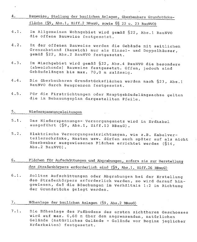 Auszug aus der Bauordnung: Paragrafen 4–7 zu Bauweise und Leitungen.