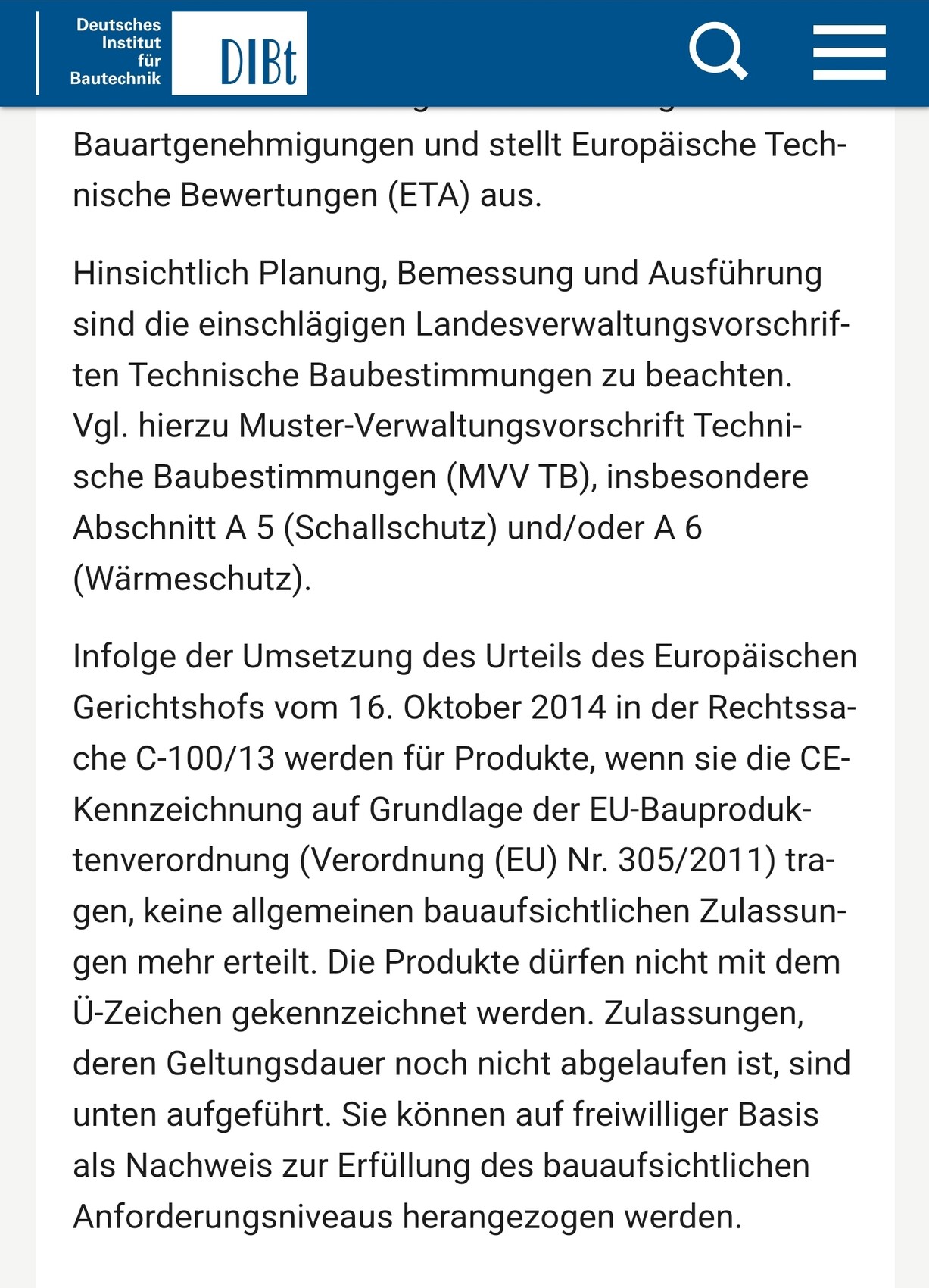 Screenshot einer DIBt-Webseite mit Text über Bauvorschriften und CE-Kennzeichnung.