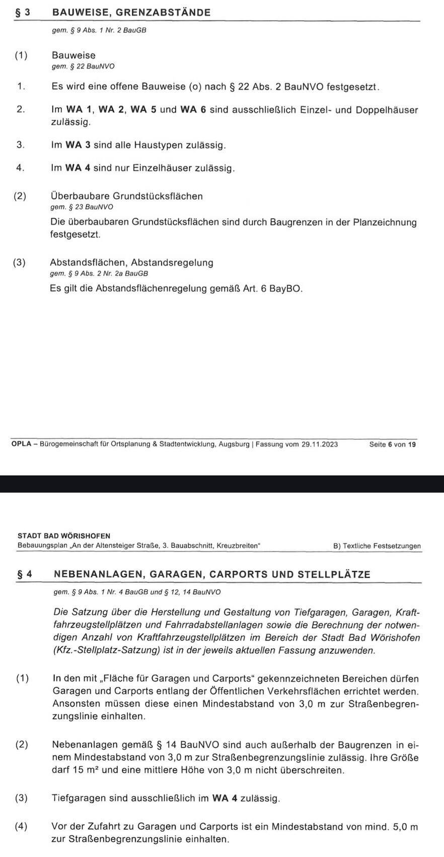 §3 Bauweise, Grenzabstände und §4 Nebenenanlagen; Ausschnitt aus Bebauungsplan.