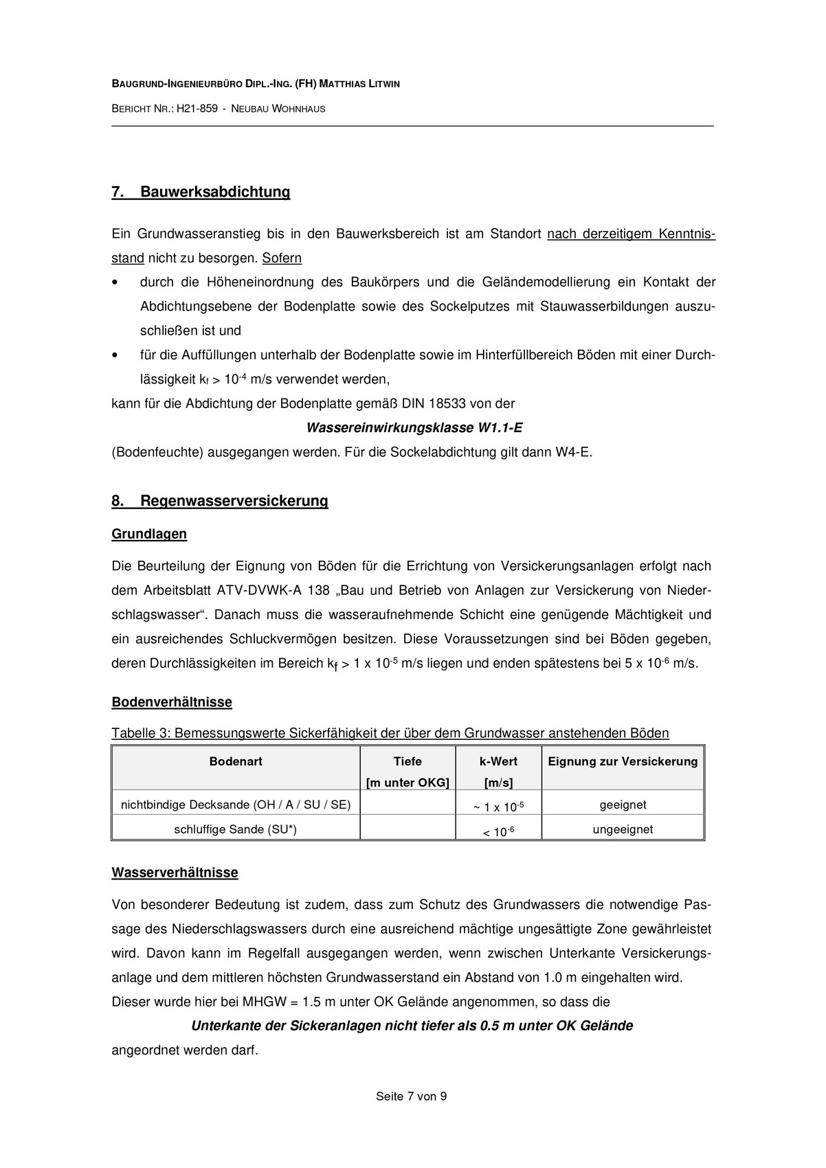 Seite 7 von 9: Bauwerksabdichtung, Regenwasserversickerung und eine zugehörige Tabelle.