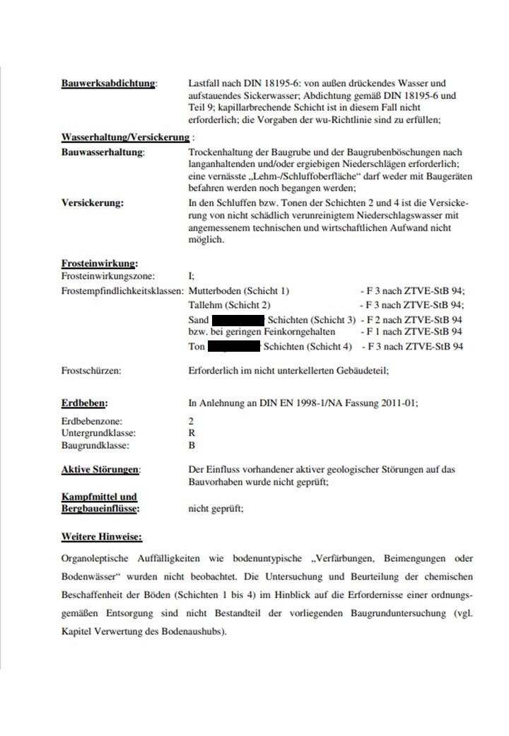 Technische Bauunterlagen-Seite mit Abschnitten zu Abdichtung, Wasserhaltung, Frost, Erdbeben.