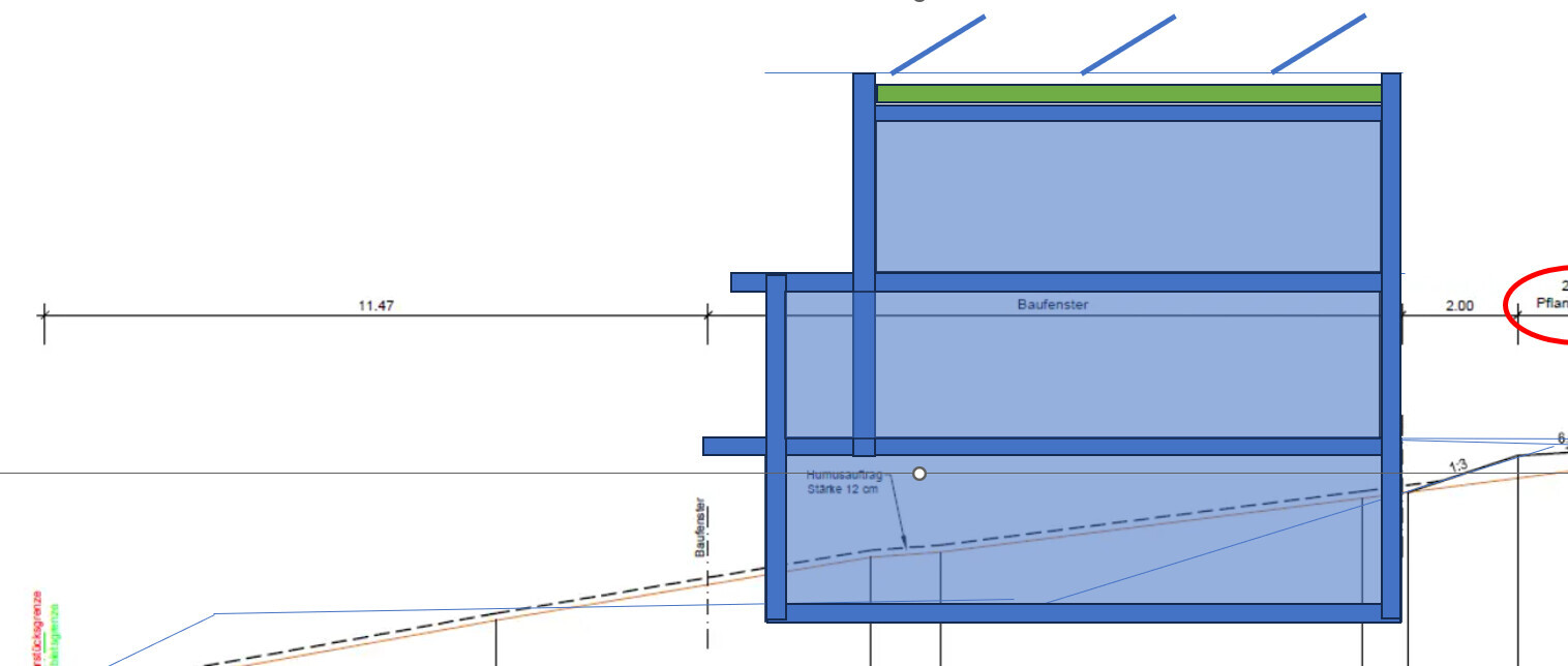 Architekturplan eines Hauses mit Fenster und Wandkonstruktion in Blau