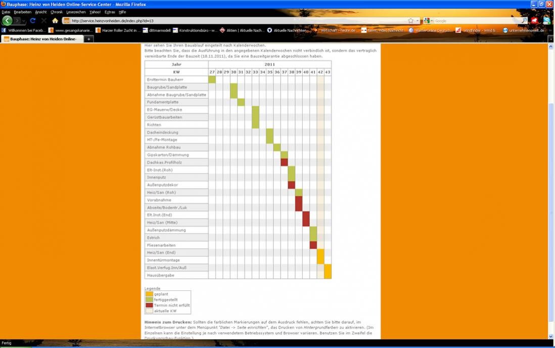 Gantt-Diagramm des Bauablaufs mit Wochenkalender, farbigen Balken und Legende.