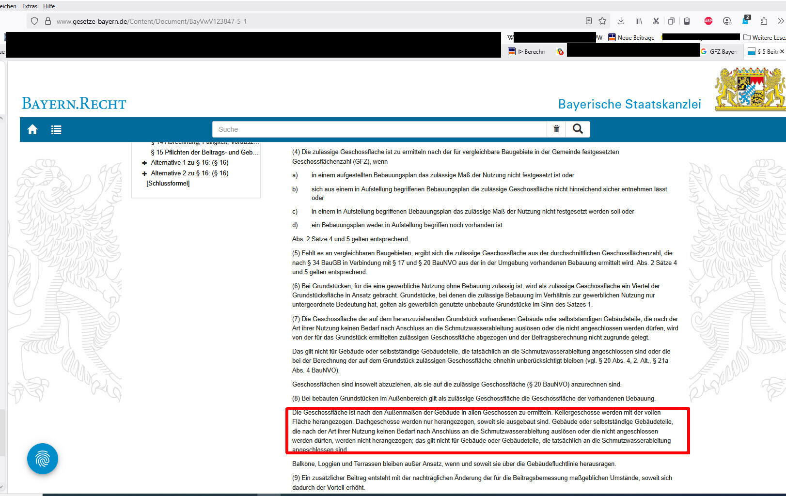 Screenshot der Bayern.Recht-Seite mit Gesetzestext zur Geschossfläche