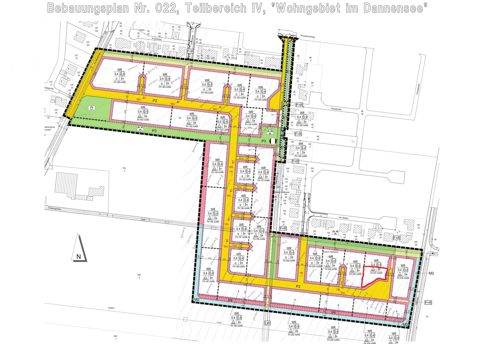Bebauungsplan Nr. 022 Teilbereich IV: farblich markierte Zonen und Straßen