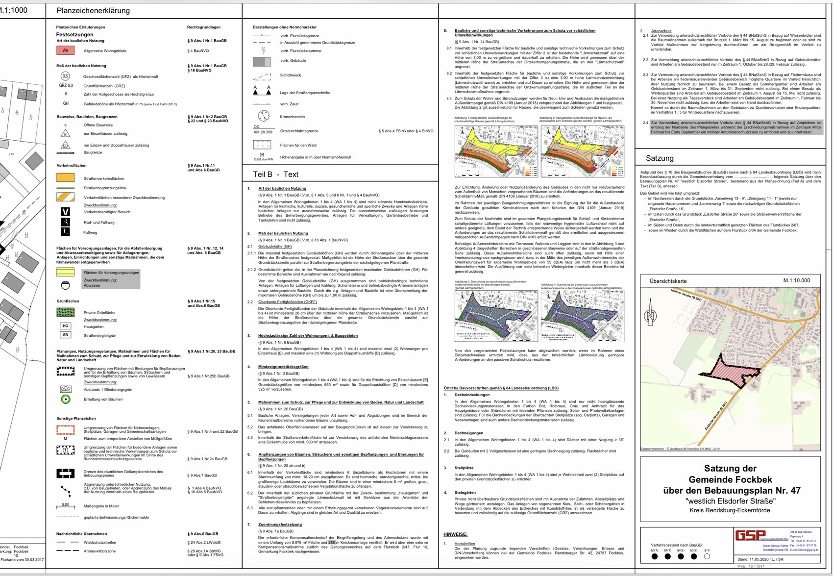 Mehrteiliger Bebauungsplan mit Planzeichen-Erklärungen, Textteil und Kartenübersicht.