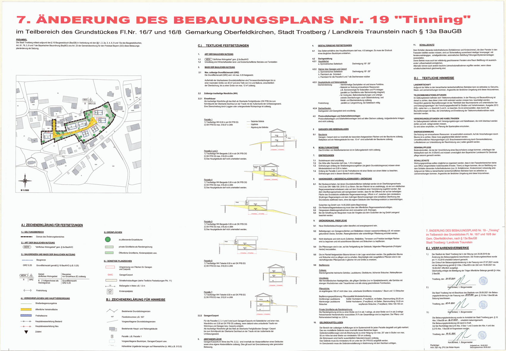 Bauleitplan Nr. 19 'Tinning': Karte des Grundstücks, Text und Diagramme der Änderung.