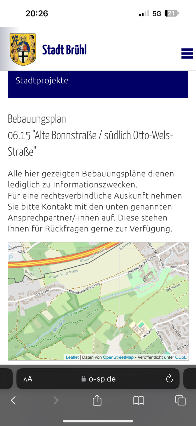 Kartenabbildung des Bebauungsplans Alte Bonnstraße südlich Otto-Wels-Straße mit Grünflächen und Straßen.