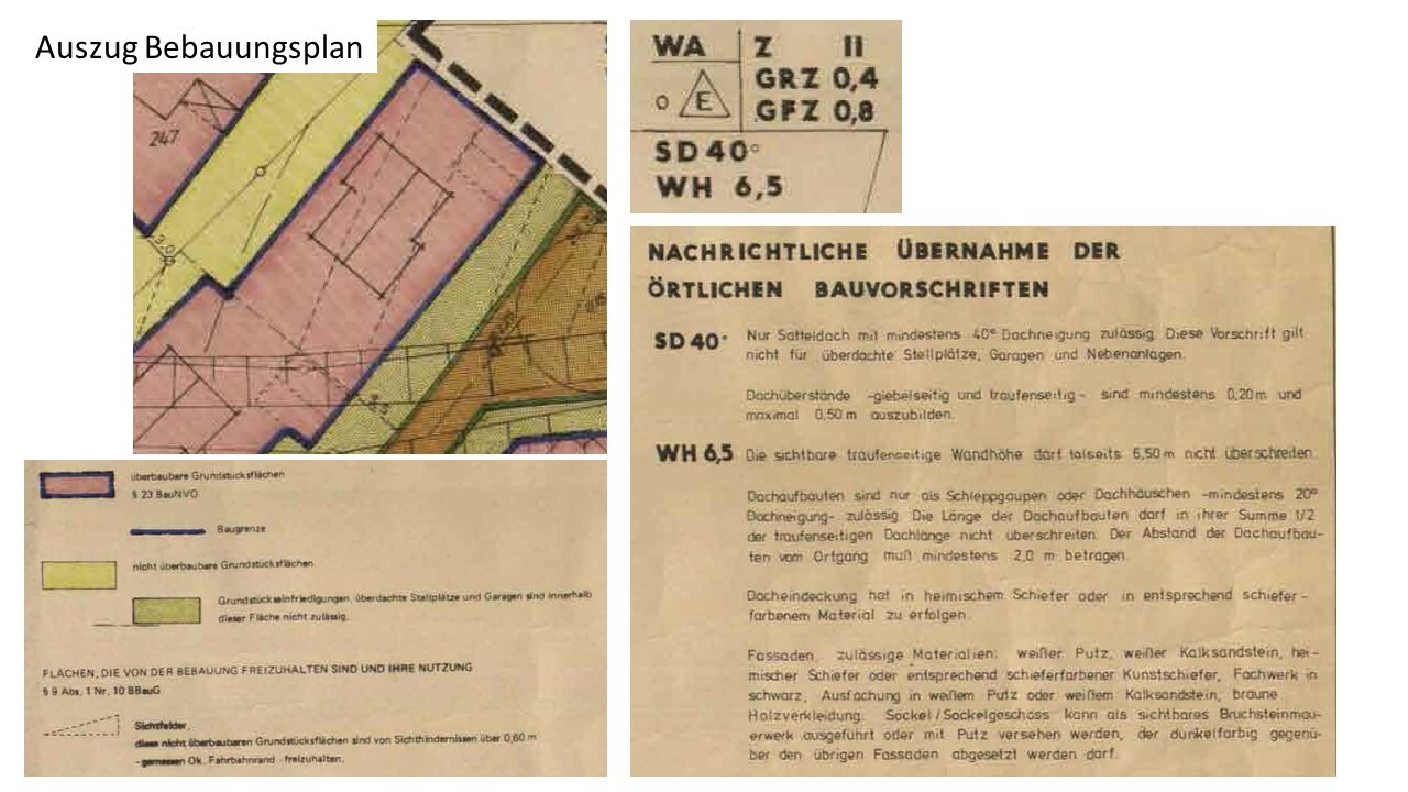 Ausschnitt eines Bebauungsplans mit farbigen Zonen, Legende und Textabschnitten.