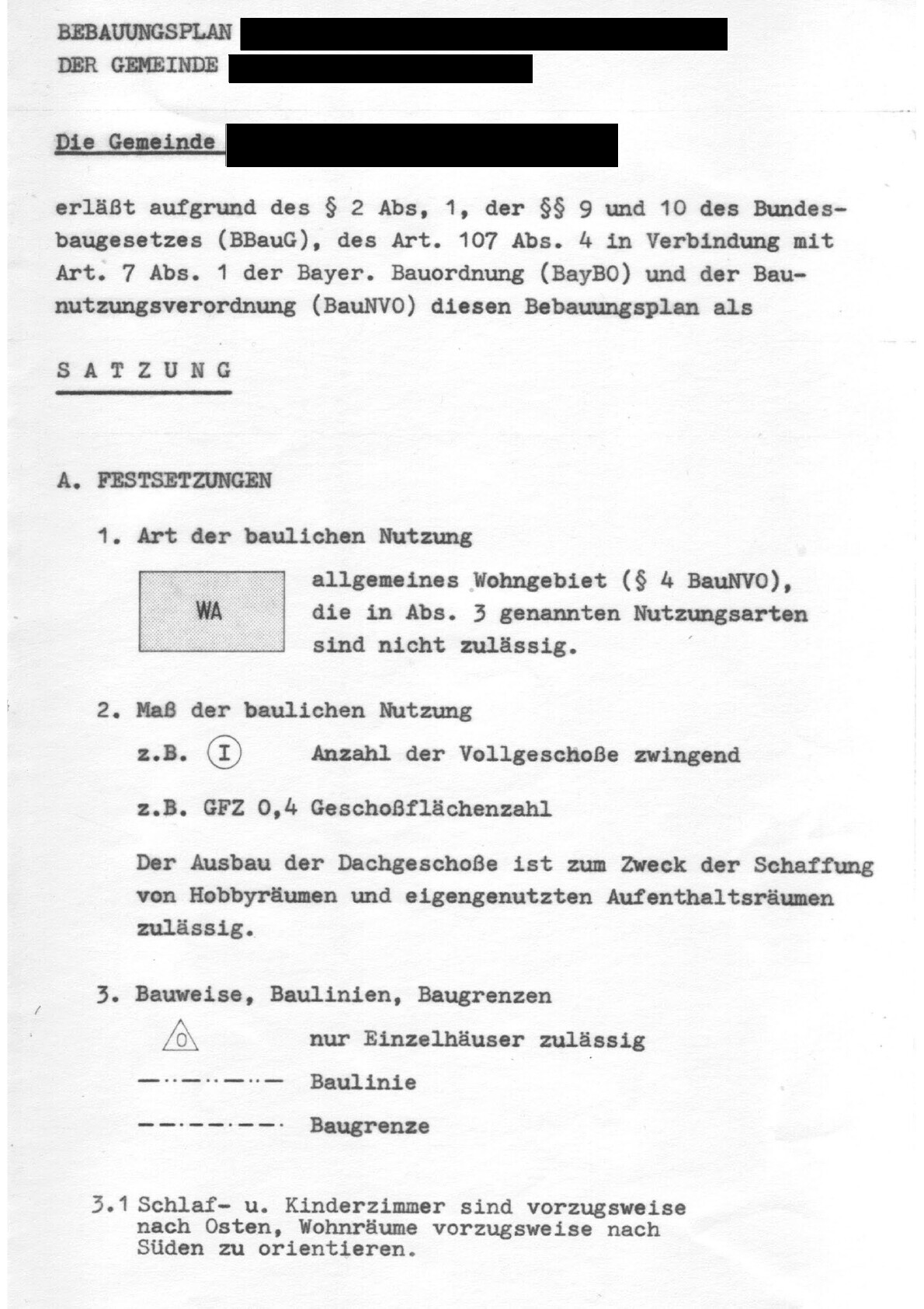 Schwarzweiß-Scan eines Bauleitplans mit Überschriften und grauem WA-Kästchen.
