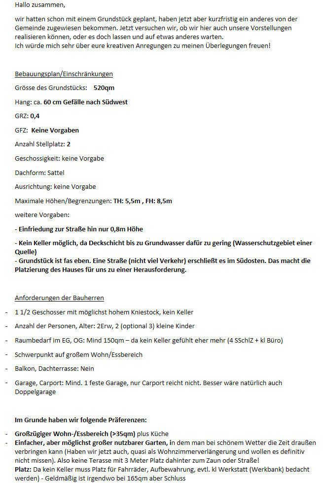 Bebauungsplan: 520 m2 Grundstück, Hang, 1,5 Gesch., kein Keller, großer Wohnbereich, Garage.
