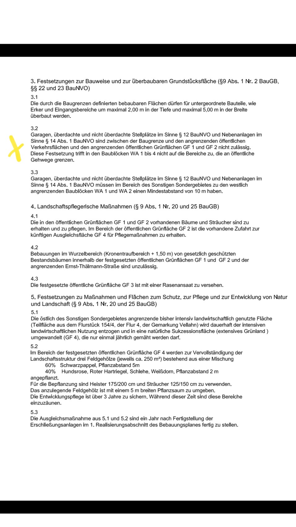 Dokumentenseite mit Bauvorschriften (Abs. 3–5) und gelber X-Markierung am linken Rand.