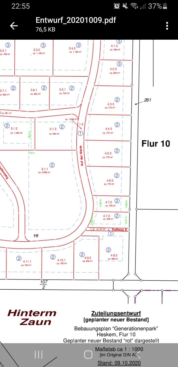 Lageplan eines Baugebiets mit Parzellen, Straßenverlauf und roten Umrandungen.