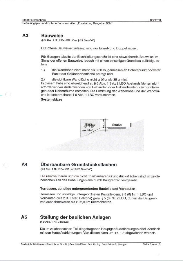 Seitenausschnitt eines Bauplans mit A3 Bauweise, A4/A5; Diagramm einer Garage an der Straße.