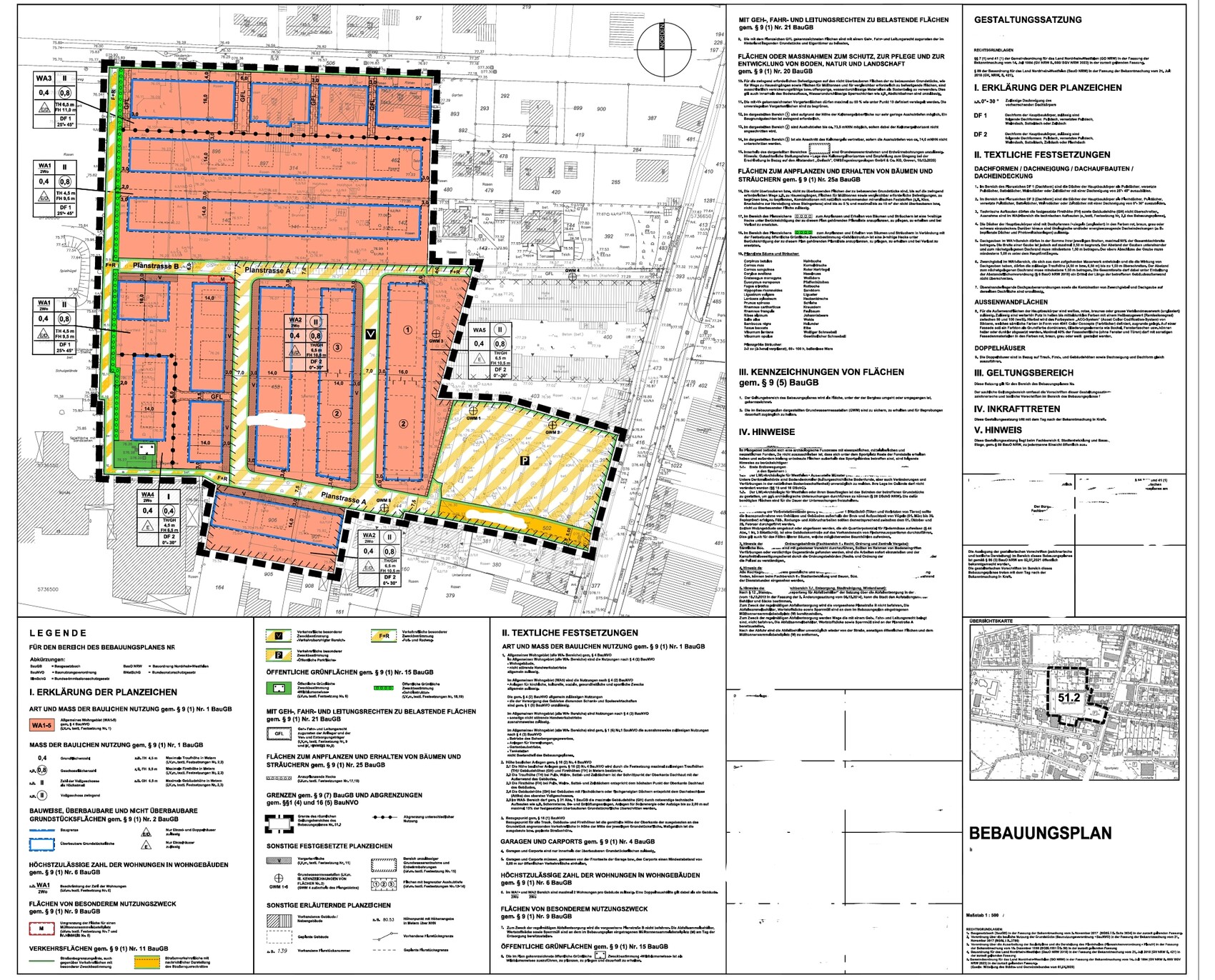 Lageplan eines Baugebiets mit farbig markierten Grundstücken, Straßen und Legende