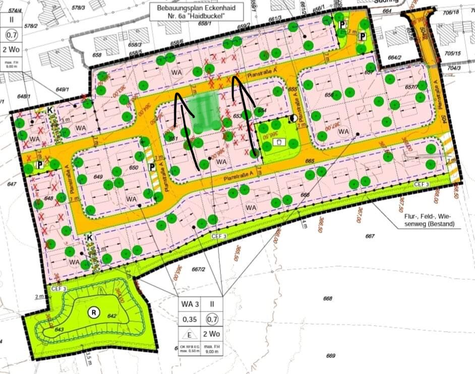 Bebauungsplan eines Wohngebiets mit Straßen, Bauflächen, Grünflächen und Bäumen.