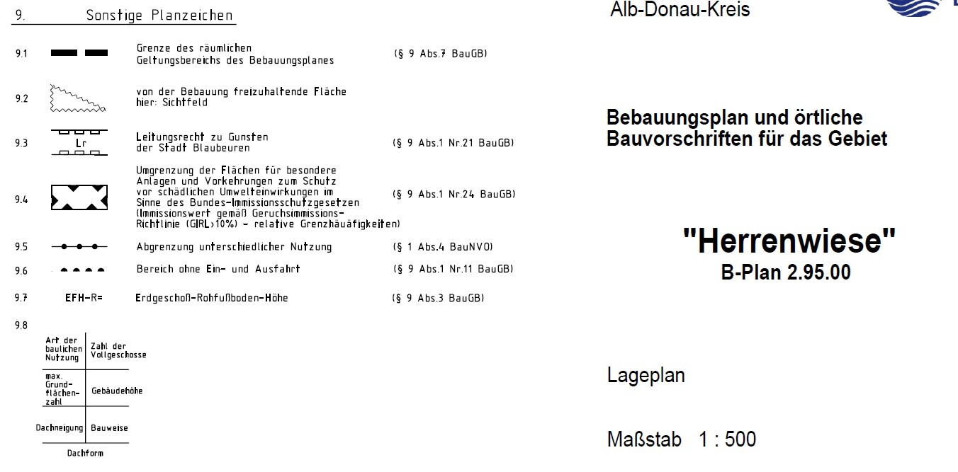 Lageplan des Bebauungsplans Herrenwiese (B-Plan 2.95.00), Maßstab 1:500, Legende der Planzeichen.