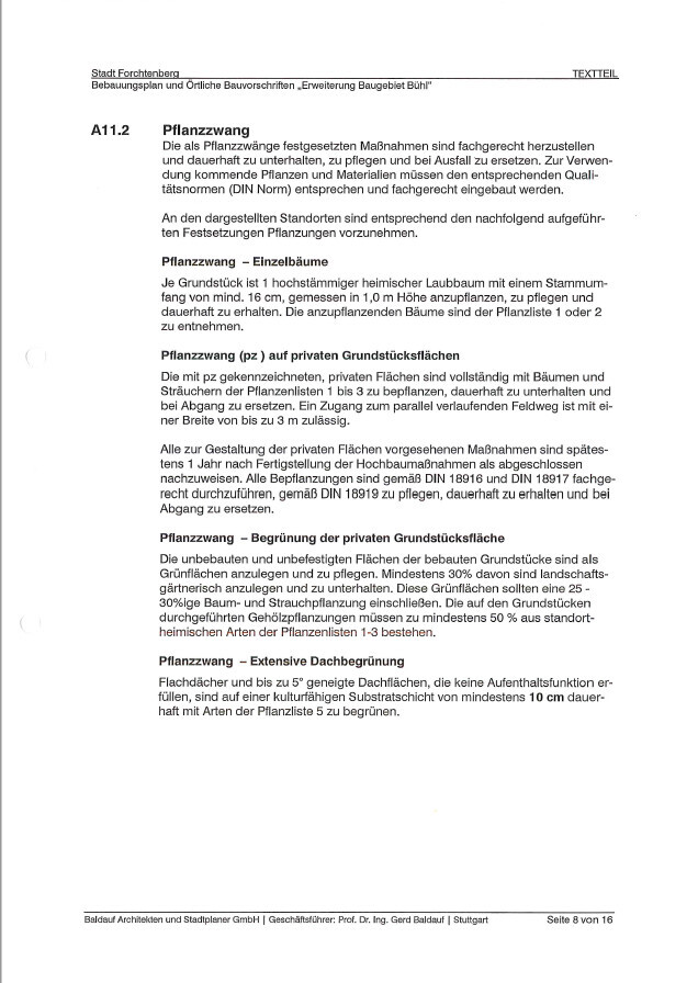 Dokumentenseite zum Pflanzzwang (A11.2) aus Bauleitplan mit Textabschnitten